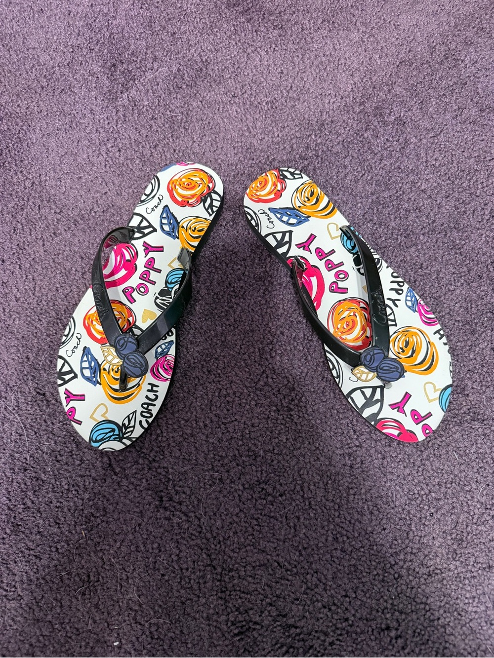 Coach Floral Pop Print Flip Flops - White with Pink, Yellow & Blue Accents
